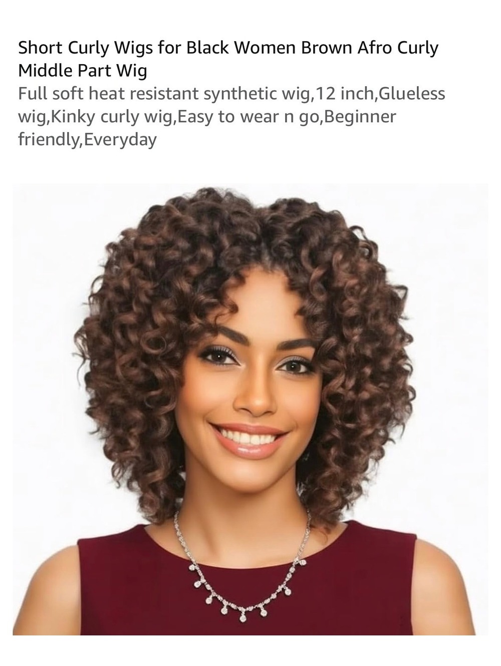 Short Brown Afro Curly Synthetic Wig for Women, 12 Inch
